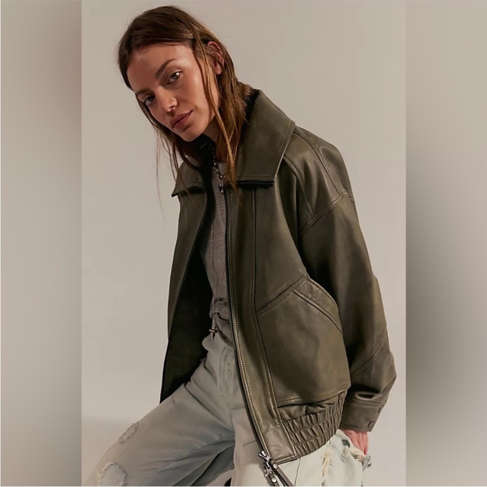 Free People Olive Green Leather Bomber Jacket